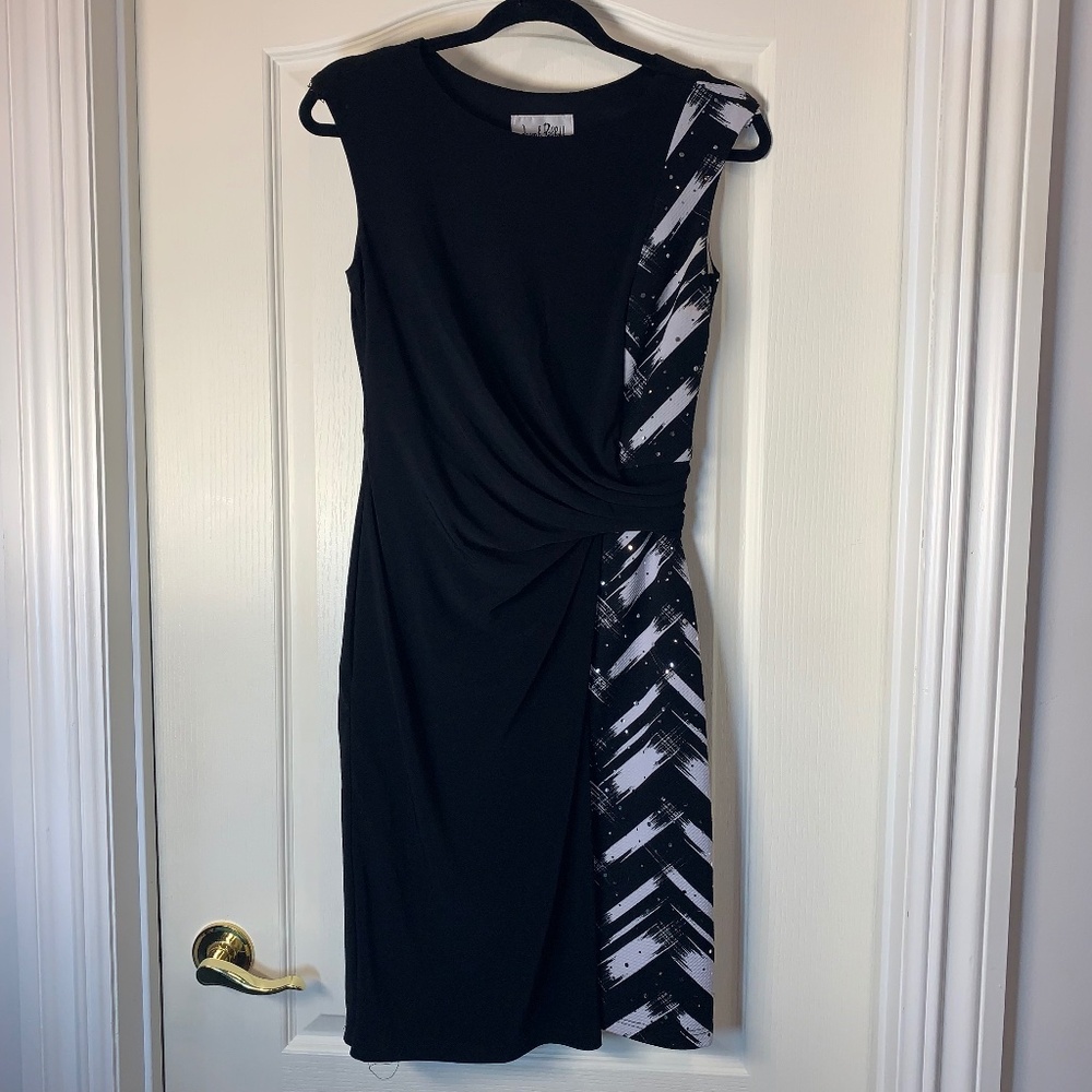 Joseph Ribkoff Black & White Draped Sleeveless Dress with Rhinestones – Size 8